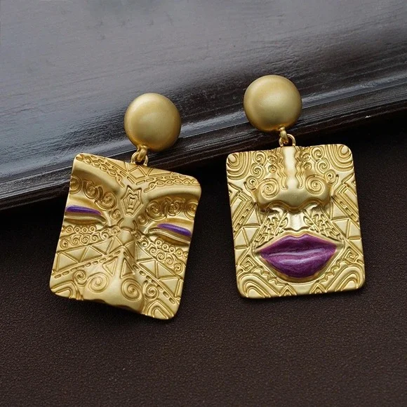 Gold Face Earrings Purple‎ Accent Statement Earrings Women's Jewelry - Picture 3 of 5
